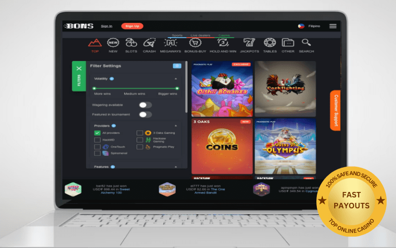 Bons Casino on a laptop screen