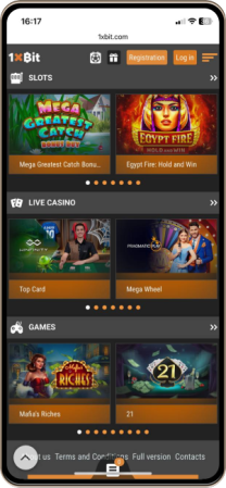 Mobile screenshot of the 1xBit Casino main page