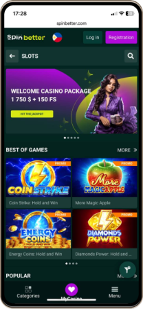 Mobile screenshot of the Spirit Casino main page