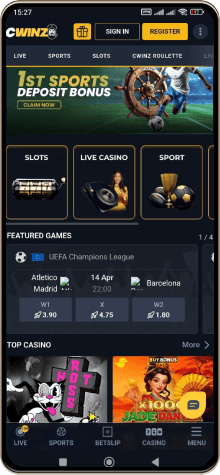 Mobile screenshot of the Cwinz Casino main page