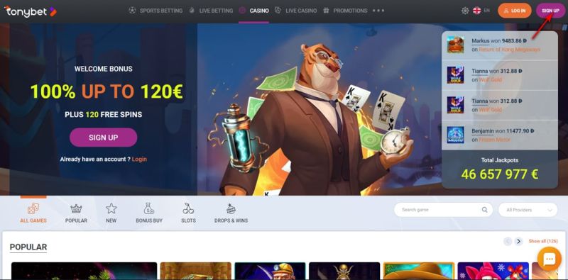 Create account Tonybet casino