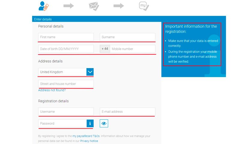 Paysafecard - registration form.