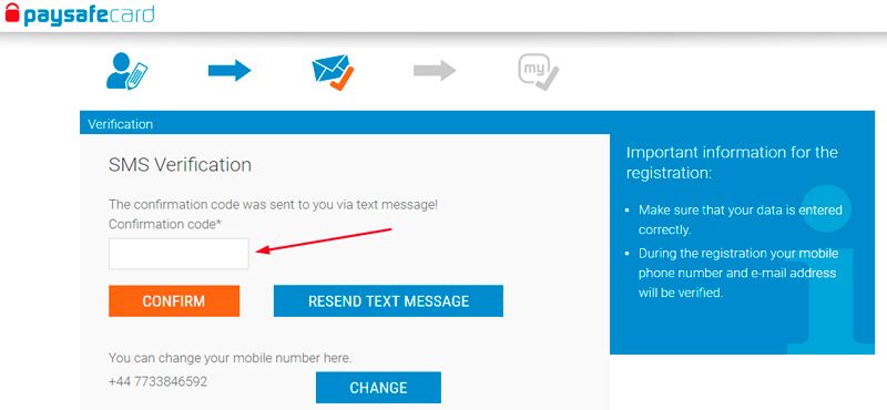 Paysafecard - sms verification process.
